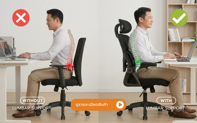 การเลือกเก้าอี้เพื่อสุขภาพที่มี Lumbar Support เป็นหนึ่งใน วิธีการป้องกันโรคออฟฟิศซินโดรม ที่ช่วยซัพพอร์ตแผ่นหลังช่วงล่าง